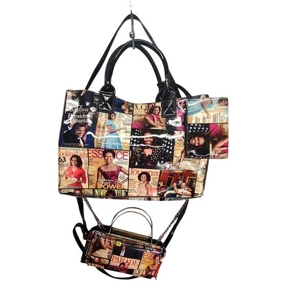 Michelle Obama Multi Colored Magazine Cover Collage 3 Piece Shoulder Bag Clutch - Picture 1 of 11